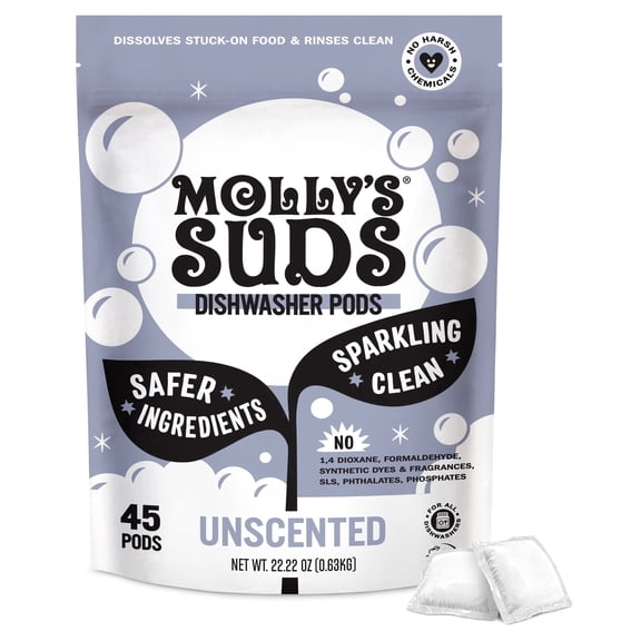 Molly's Suds Dishwasher Pods, Natural Dishwasher Detergent, Cuts Grease & Rinses Clean (Residue-Free) for Sparkling Dishes, 45 Auto-Release Tabs (Unscented)