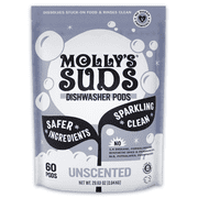 Mollys Suds Dishwasher Pods | Natural Dishwasher Detergent, Cuts Grease & Rinses Clean Residue-Free for Sparkling Dishes | 60 Auto-Release Tabs Unscented