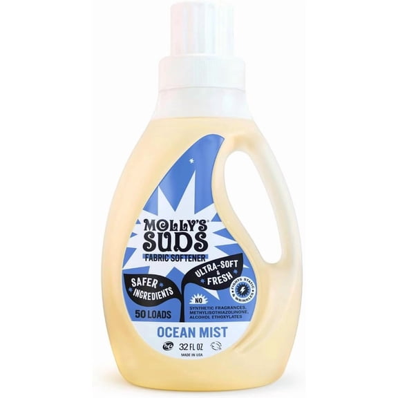 Mollys Suds Fabric Softener Liquid for Sensitive Skin | Vinegar-Powered, Infused with Essential Oils Fights Static, Reduces Wkles, Deodorizes Ocean Mist, 50 Loads