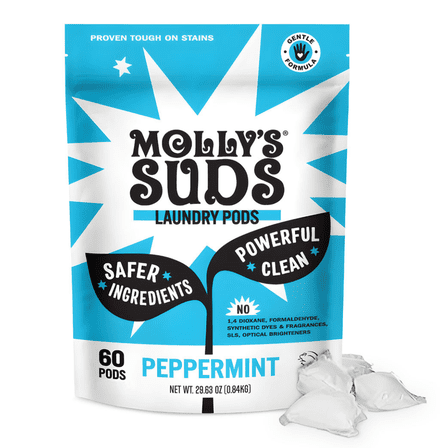 Molly's Suds Laundry Detergent Pods | Natural Detergent for Sensitive Skin | Ultra Concentrated and Stain Fighting | Peppermint - 60 Count