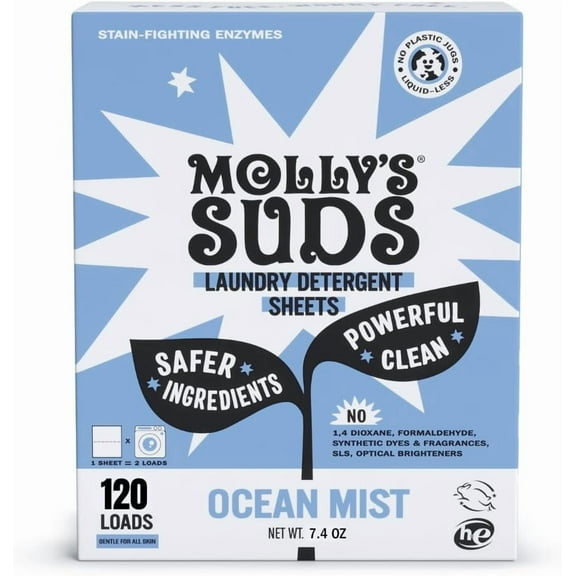 Mollys Suds Laundry Detergent Sheets | Gentle on Sensitive Skin, Powerful Bio-Based Enzymes, Stain-Fighting | Liquidless & Plastic-Free Packaging | 120 Loads (Ocean Mist)