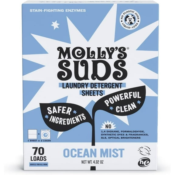 Mollys Suds Laundry Detergent Sheets | Gentle on Sensitive Skin, Powerful Bio-Based Enzymes, Stain-Fighting | Liquidless & Plastic-Free Packaging | 70 Loads (Ocean Mist)