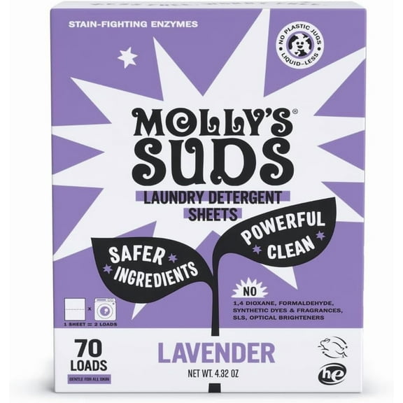 Mollys Suds Laundry Detergent Sheets | Gentle on Sensitive Skin, Stain-Fighting | Liquidless & Plastic-Free Packaging | 70 Loads (Lavender)