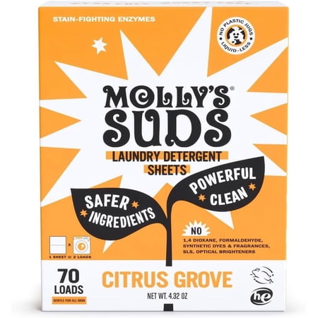Molly’s Suds Laundry Detergent Sheets | Gentle on Sensitive Skin, Stain-Fighting | Liquidless & Plastic-Free Packaging | 70 Loads (Citrus Grove)