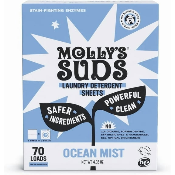 Mollys Suds Laundry Detergent Sheets | Gentle on Sensitive Skin, Stain-Fighting | Liquidless & Plastic-Free Packaging | 70 Loads (Ocean Mist)