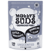 كبسولات غسالة الأطباق الطبيعية من Mollys Suds | تقطع الشحوم وتشطف جيدًا | 120 قرصًا يتم فكها تلقائيًا بدون رائحة