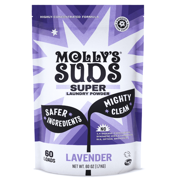 Molly's Suds Super Powder Detergent | Natural Extra Strength Laundry Soap, Stain Fighting | Sensitive Skin | Earth Derived Ingredients | Lavender, 60 Loads