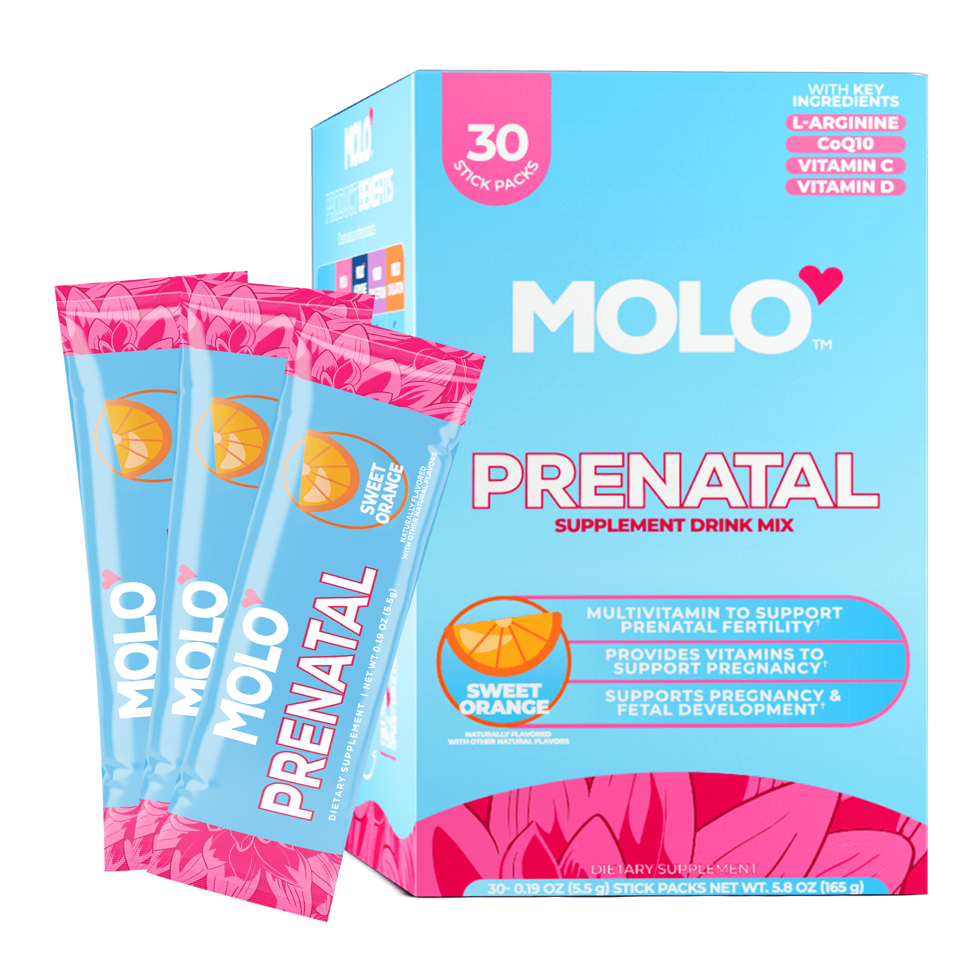 MOLO Prenatal Vitamins  Fertility Support with CoQ10 & DHA  30 Stick Packs, Sweet Orange