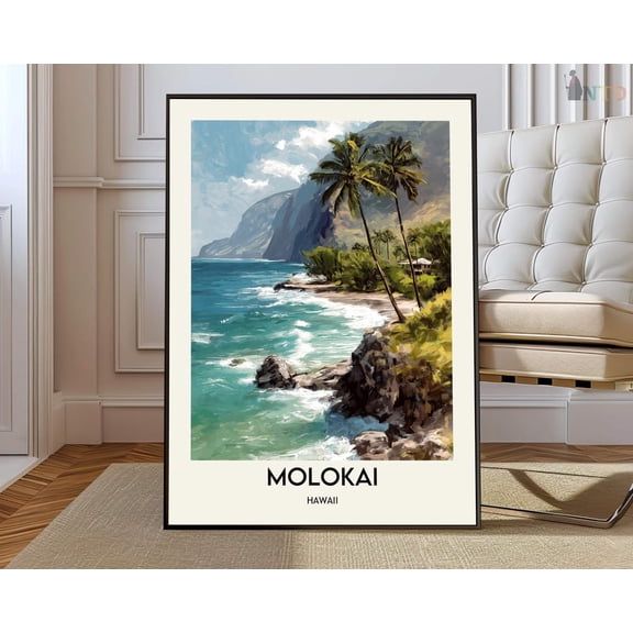 Molokai Hawaii Remote Island Sea Cliffs Wall Art Tropical Coast Map Decor, Unframed Paper Poster 8x10in