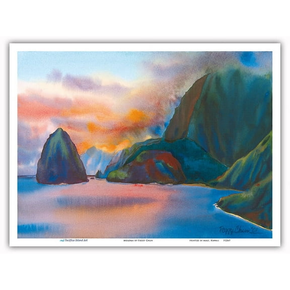 Molokai - Hawaiian Island Sunset - From an Original Hawaii Watercolor Painting by Peggy Chun - Master Art Print (Unframed) 9in x 12in