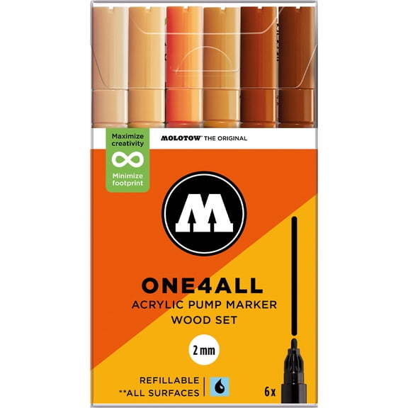 Molotow Acrylic Markers 2mm Sets of 6, Wood Set - 2mm
