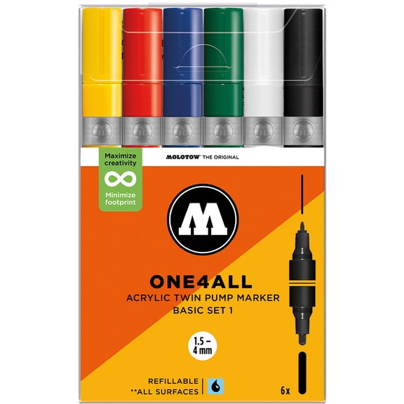 Molotow ONE4ALL 1.5-4mm Acrylic Twin Pump Marker Sets, Basic Set 1