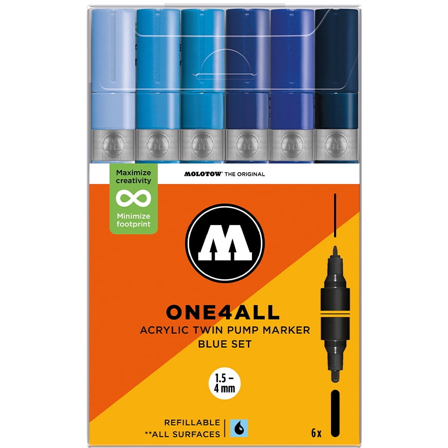 Molotow ONE4ALL 1.5-4mm Acrylic Twin Pump Marker Sets, Blue Set
