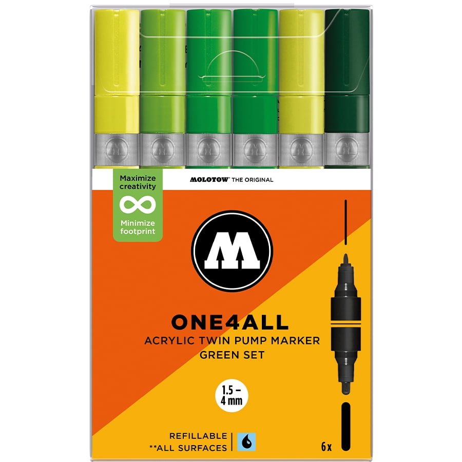 Molotow ONE4ALL 1.5-4mm Acrylic Twin Pump Marker Sets, Green Set
