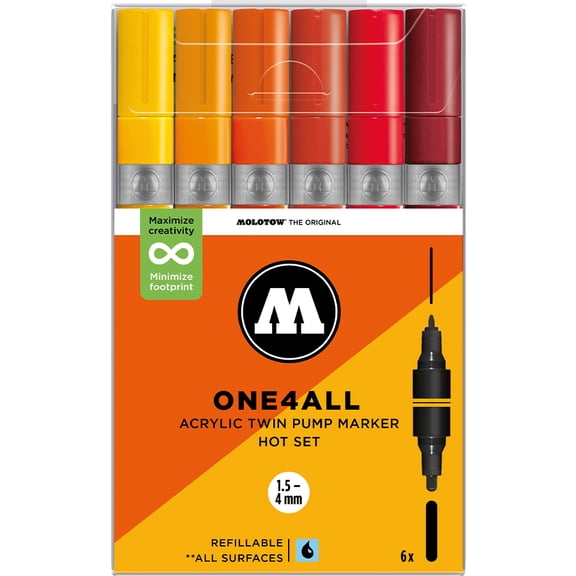 Molotow ONE4ALL 1.5-4mm Acrylic Twin Pump Marker Sets, Hot Set