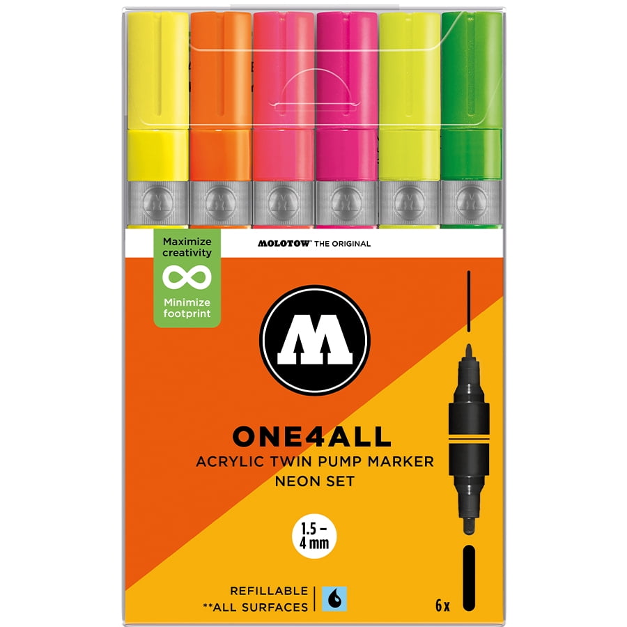 Molotow ONE4ALL 1.5-4mm Acrylic Twin Pump Marker Sets, Neon Set