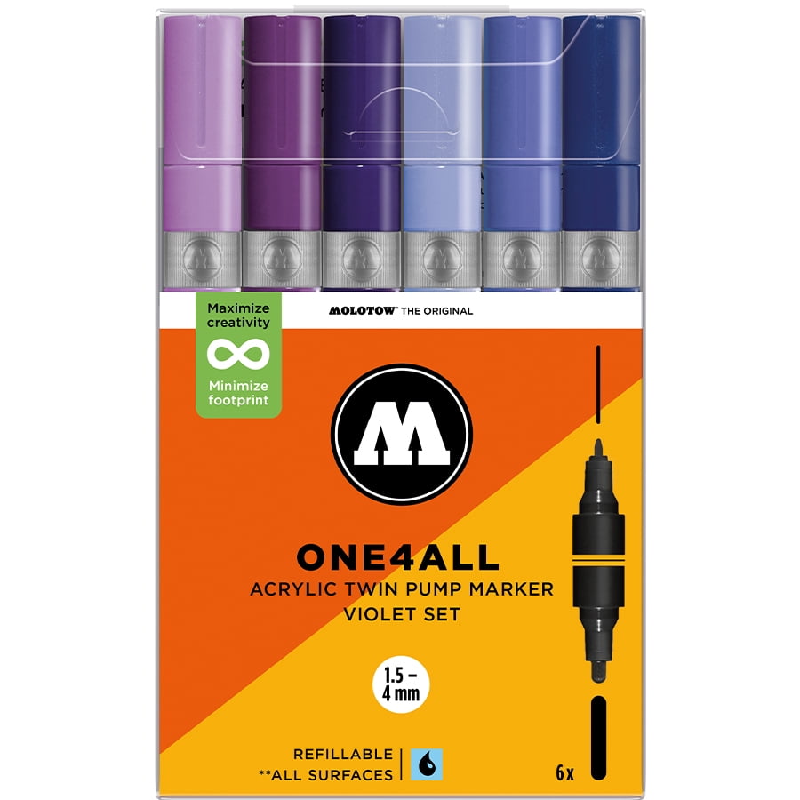 Molotow ONE4ALL 1.5-4mm Acrylic Twin Pump Marker Sets, Violet Set