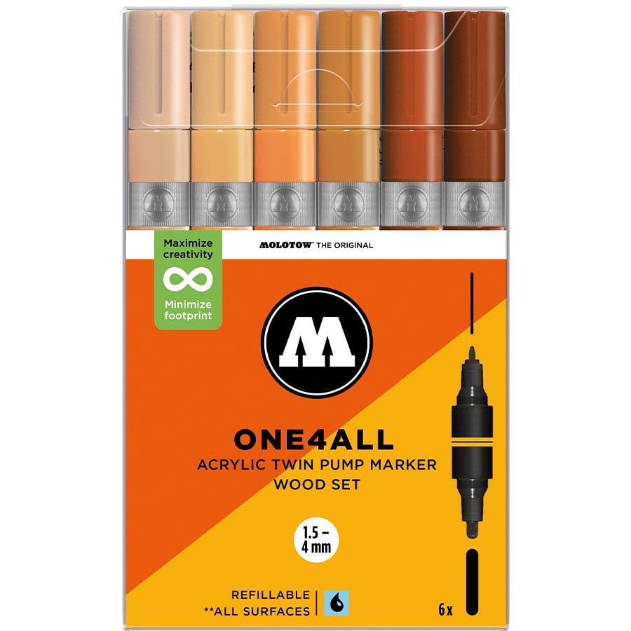 Molotow ONE4ALL 1.5-4mm Acrylic Twin Pump Marker Sets, Wood Set