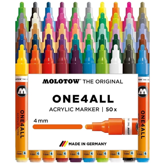 Molotow ONE4ALL Acrylic Paint Marker Complete Set, 4mm, Assorted Colors, 50 Markers/Set, 1 Set Each