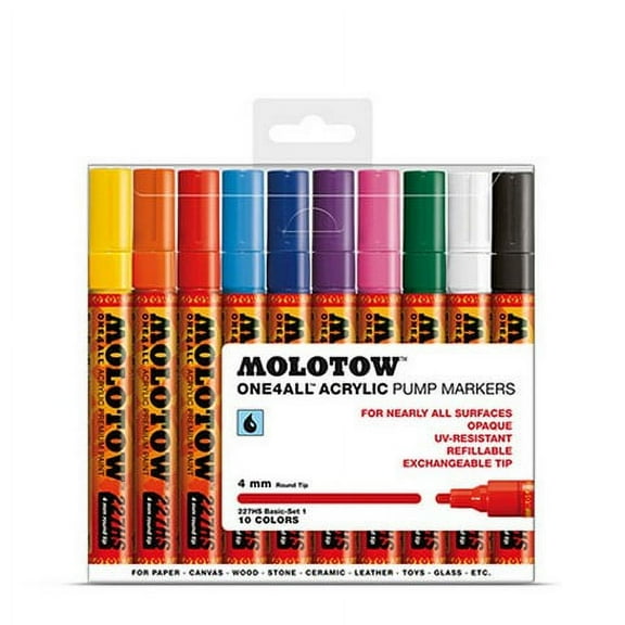 Molotow ONE4ALL Acrylic Paint Marker Set, 10 Basic Colors #1, 4mm, Assorted Colors, 1 Set Each