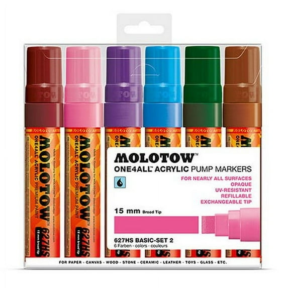 Molotow ONE4ALL Acrylic Paint Marker Set, 6 Basic Colors #2, 15mm, Assorted Colors, 1 Set Each