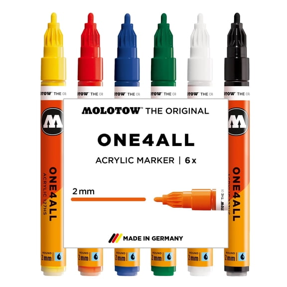 Molotow One4All 127HS Acrylic Marker Basic Set 1 (2.0 mm Line Width, High Coverage and Permanent, Quick Drying, Refillable, for Almost All Surfaces) Pack of 6 Assorted