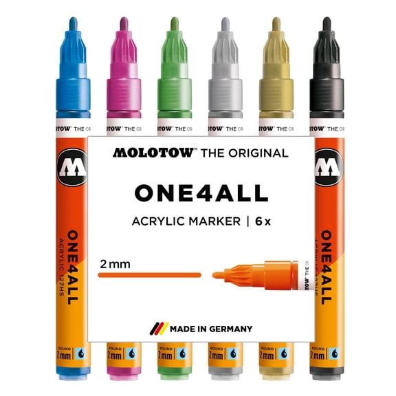 Molotow One4All 127HS Acrylic Marker Metallic Set (2.0 mm Line Width, High Coverage and Permanent, Quick Drying, Refillable, for Almost All Surfaces) Pack of 6 Assorted