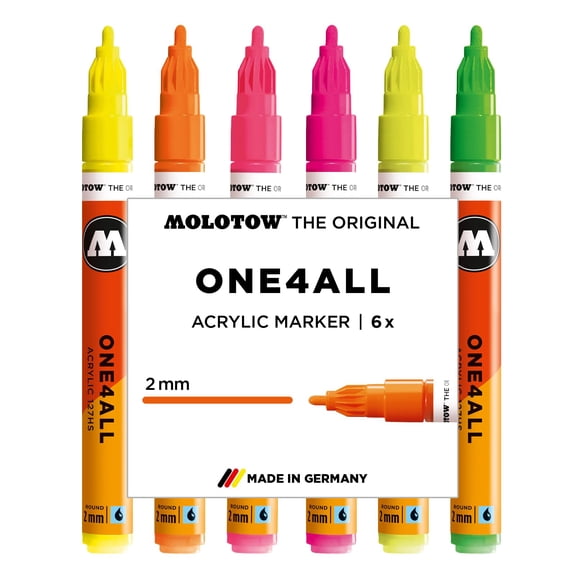 Molotow One4All 127HS Acrylic Marker Neon Set (2.0 mm Line Width, High Coverage and Permanent, Quick Drying, Refillable, for Almost All Surfaces) Pack of 6 Assorted Colours