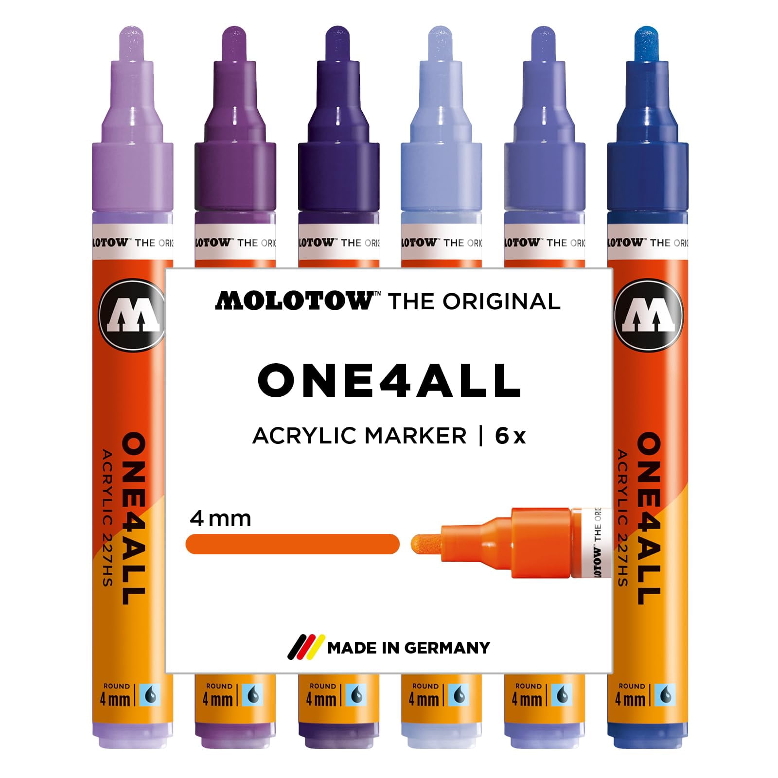 Molotow One4All 227HS Acrylic Marker Violet Set (4.0 mm Line Width, High Coverage and Permanent, Quick Drying, Refillable, for Almost All Surfaces) Pack of 6 Assorted