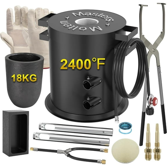 Molten Masters 18KG Propane Metal Melting Furnace Kit, 2400°F High-Heat Foundry with 135,000 BTU Regulator for Gold, Silver, Copper, Aluminum Smelting – Gloves Included