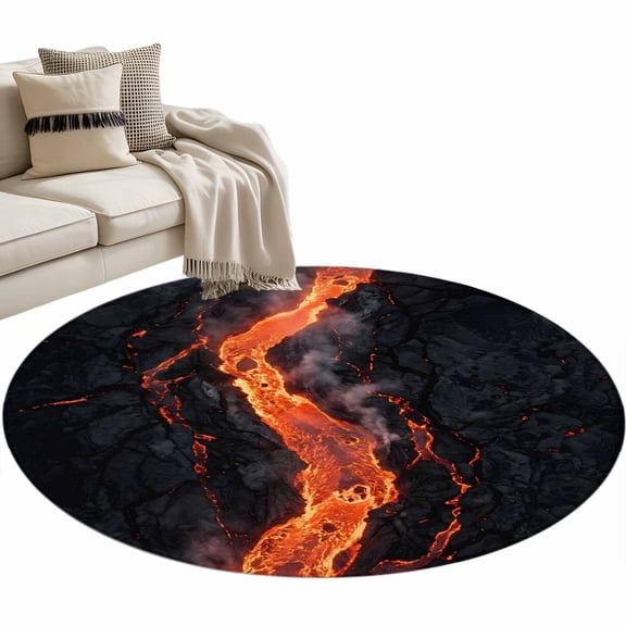 Molten River Round Rug 3ft Washable Circle Entryway Rugs Non Slip Magma Field Fiery Orange Grey Black Area Rug Indoor Floor Carpet for Bedroom Kitchen Living Room Home Office Dining Room Nursery