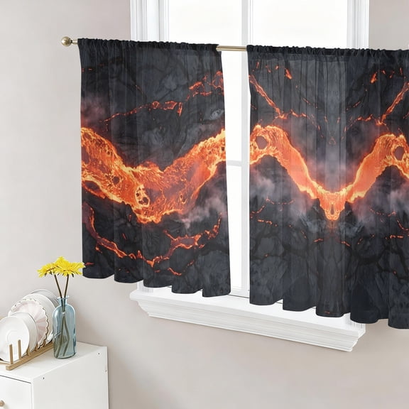 Molten River Sheer Curtains for Living Room Bedroom Magma Field Fiery Orange Grey Black Sheer Curtains 54 Inch Long 2 Panels Set Light Filtering Curtain Window Treatments Drapes for Dining Room