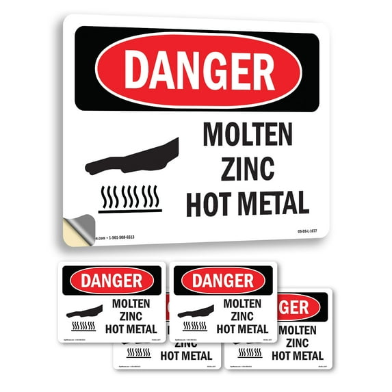 Molten Zinc Hot Metal OSHA Danger Vinyl Decal Label 14 Inch x 10 Inch - 5 Pack