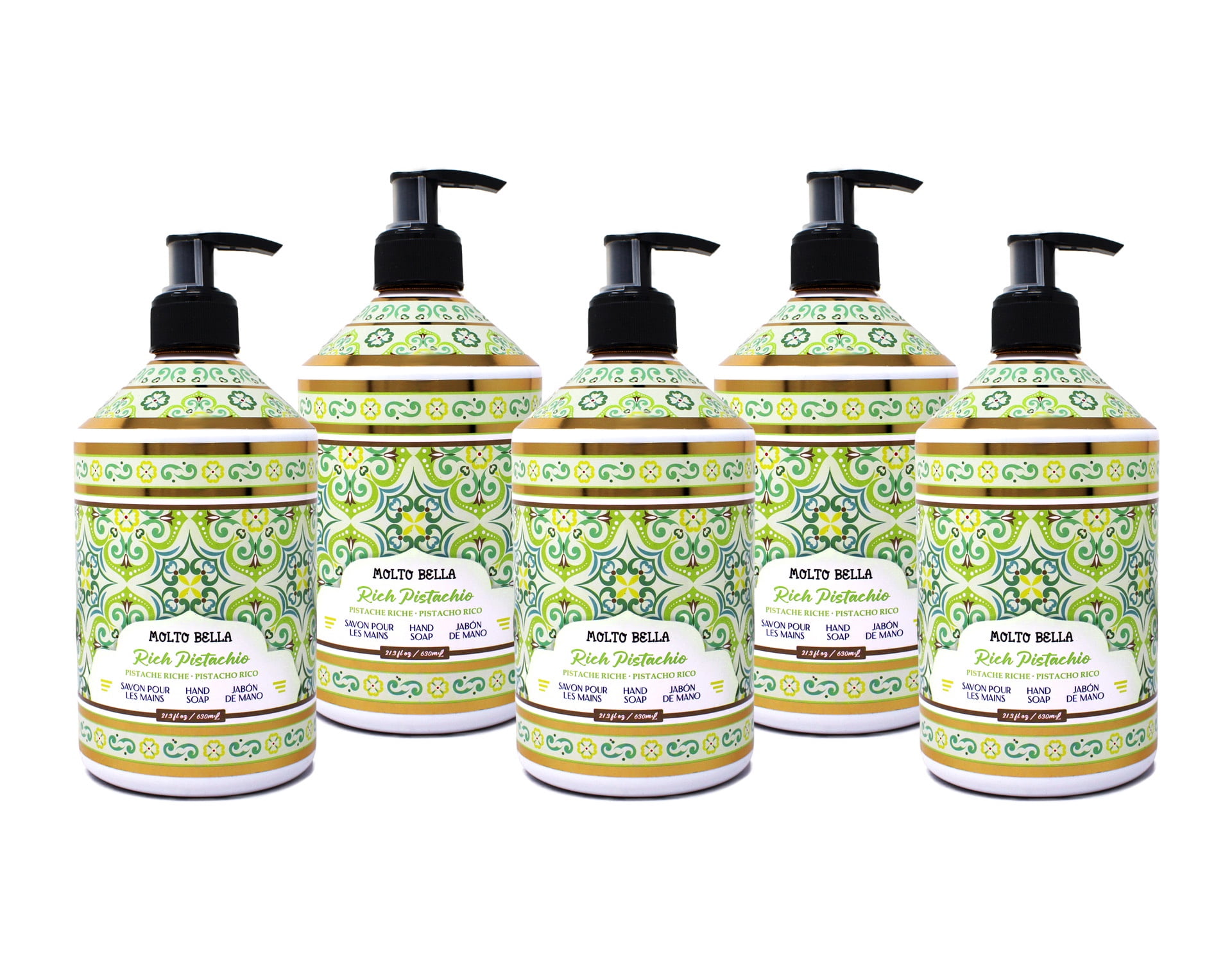 Molto Bella Rich Pistachio Hand Soap, Moisturizing Liquid Hand Wash with Elegant Fragrance, Pump Bottle, 21.3 fl oz 5 Pack