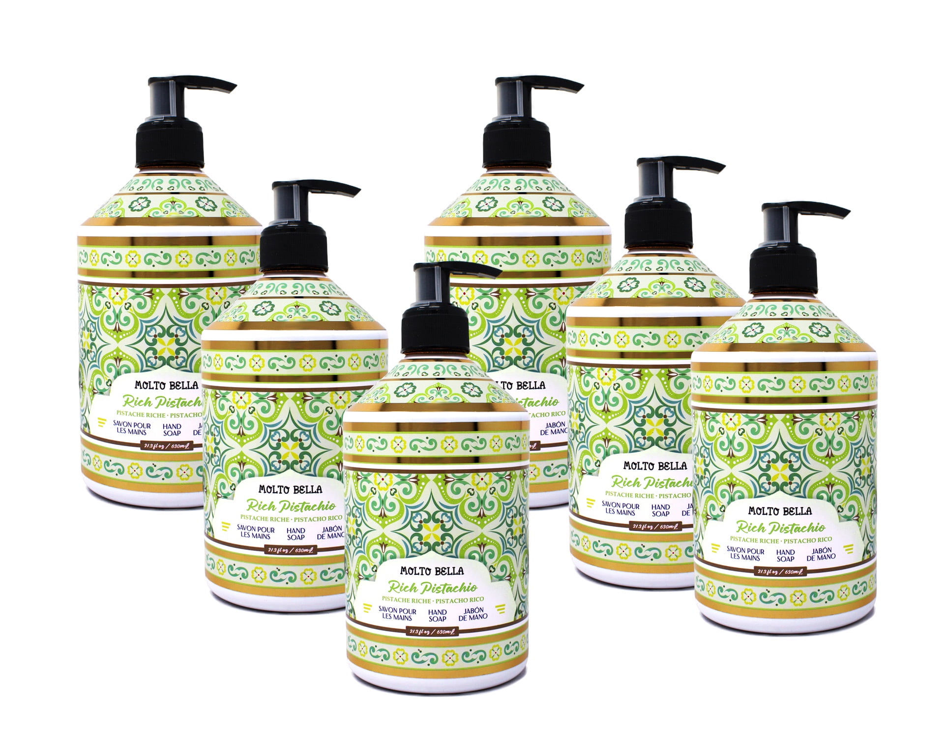 Molto Bella Rich Pistachio Hand Soap, Moisturizing Liquid Hand Wash with Elegant Fragrance, Pump Bottle, 21.3 fl oz 6 Pack