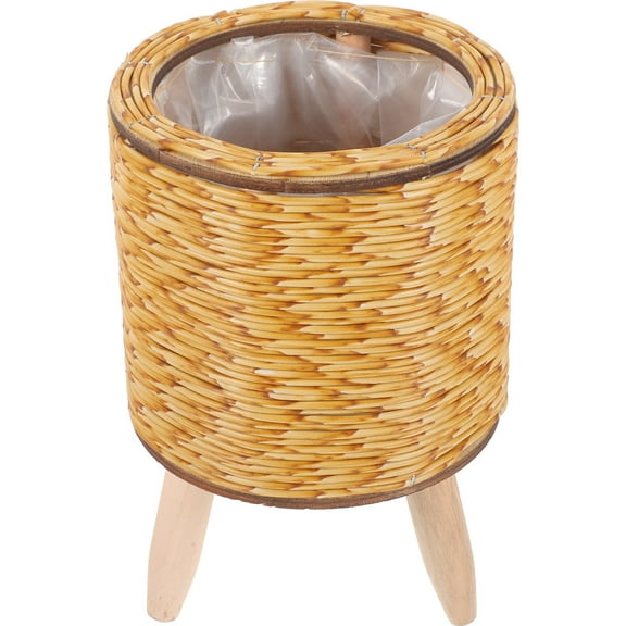 Moluckfu 1Pack Tripod Woven Plant Basket with Stand Light Brown Wooden Flower Pot Holder for Homeowners 21.5x14cm