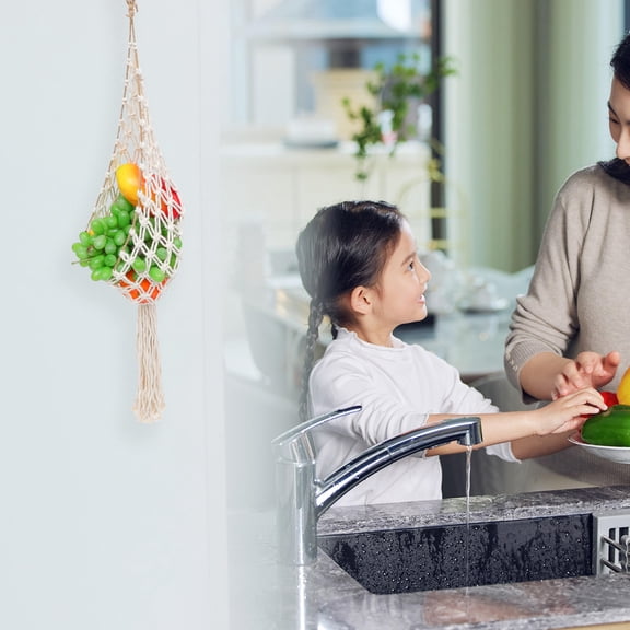 Moluckfu 1Pcs Hanging Fruit Basket Macrame Design Round Mesh Food Storage For Home Use