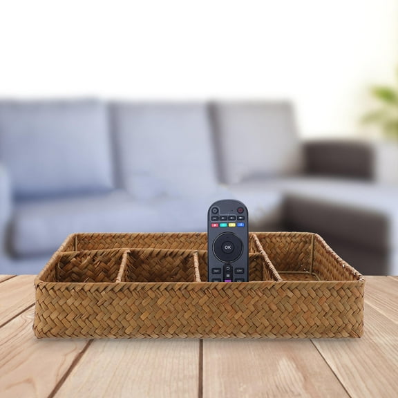 Moluckfu Divided Basket Counter Organizer Basket With Divider Khaki Straw 1Pack