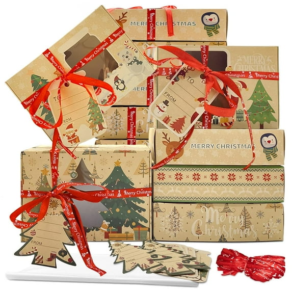 Molumo 12 Packs Christmas Cookie Boxes with Window, Bakery Treat Boxes Gift Baking Box Christmas Kraft Gift Boxes with Ribbons and DIY Gift Tags for Gift Giving, Pastry, Candy, Party Favors (Small)