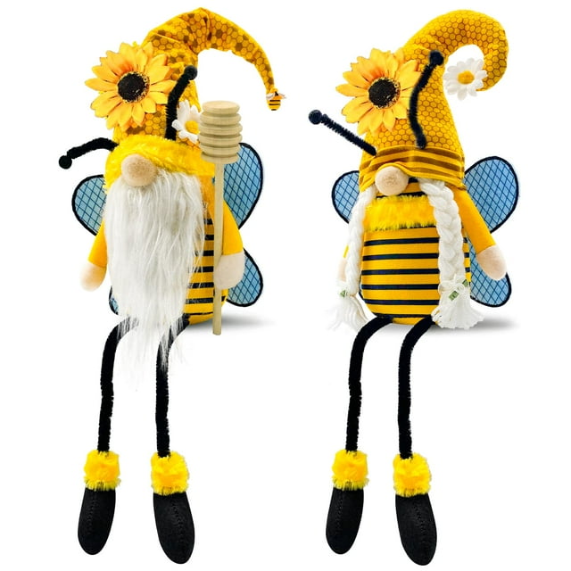 Molumo 2PCS Bumble Bee Gnomes with Dangling Leg, Sunflower Bee