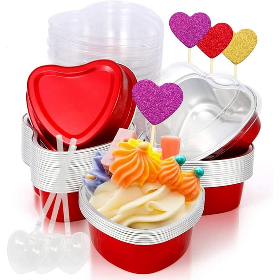 Molumo Heart Shaped Cake Pans, Aluminum Mini Cake Pans with Lids for Baking 30 Packs 3.4 Ounces Disposable Cupcake Cup Pan Baking Pans for Valentine's, Mother's Day, Wedding, Birthday Baking Supplies