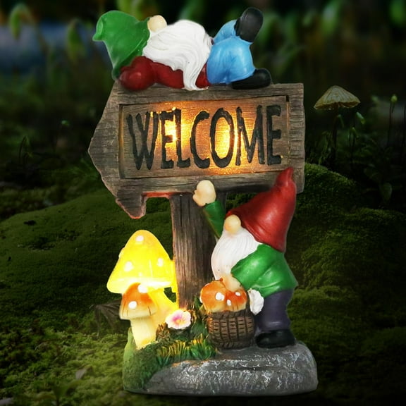 Molumo Solar Garden Gnome Statue 10 inch Resin Gnome Figurine with Solar Mushroom Light and Welcome Sign for Outdoor Decor, Patio Garden Decorations
