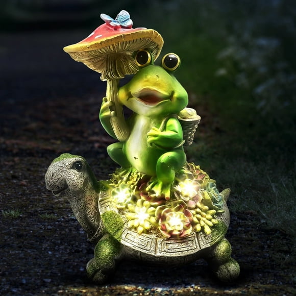 Molumo Solar Garden Statues Outdoor Decor, Turtle and Frog Holding Mushroom Garden Decor for Patio, Balcony, Yard, Lawn