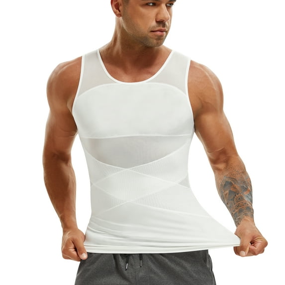 Molutan Men Compression shirt Slimming Vest Body Shaper Workout Tank Top Tummy control Underwear for Gym sport (White, XL)