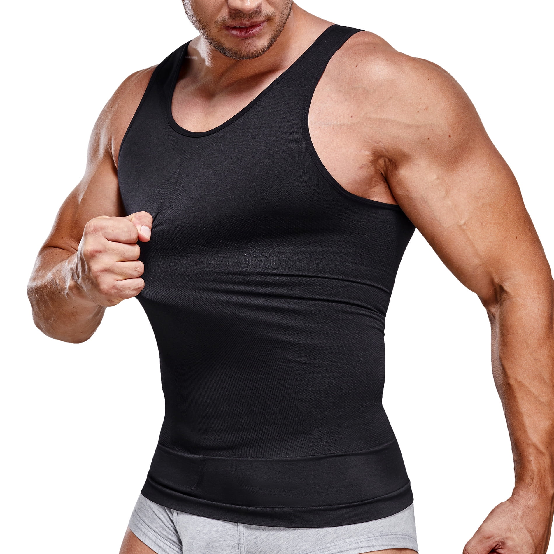 Molutan Men's Compression Shirt Slimming Body Shaper Sport Tank Top Abdomen  Undershirt for Gym Fitness Waist Trainer Vest(Black,XL/2XL) 