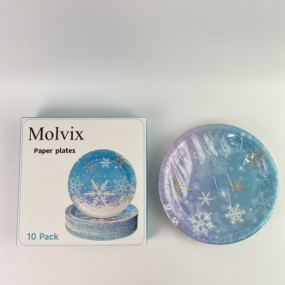 Molvix Paper plates, 7 Inch Winter Snowflake Theme Disposable Round Plate - 10 pack