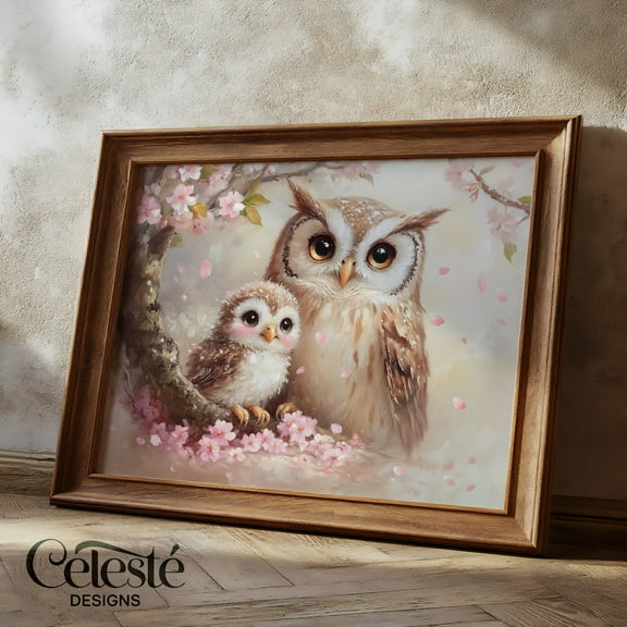 Mom And Baby Owl Print, Cherry Blossom Nursery Art Home Decor #862, 16x24 UNFRAMED