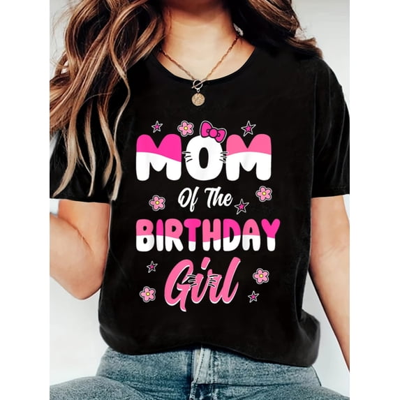 Mom And Dad Birthday Girl Kitty Family Party Decorations T-Shirt, Women'S Casual Short Sleeve Top for Spring & Summer, Women Graphic T Shirts