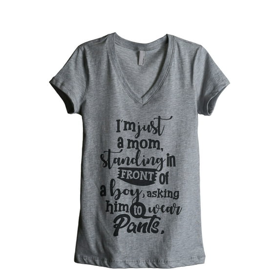 Mom Asking A Boy To Wear Pants Women's Fashion Relaxed V-Neck T-Shirt Tee Heather Grey 2X-Large