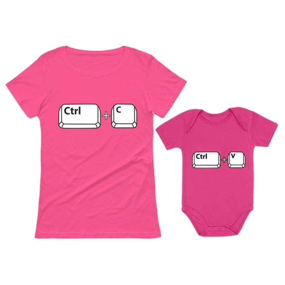 Mom & Baby Girl / Boy Copy Paste Matching Set Women T-Shirt & Baby Bodysuit Mom Pink XX-Large / Baby Wow pink 18M (12-18M)
